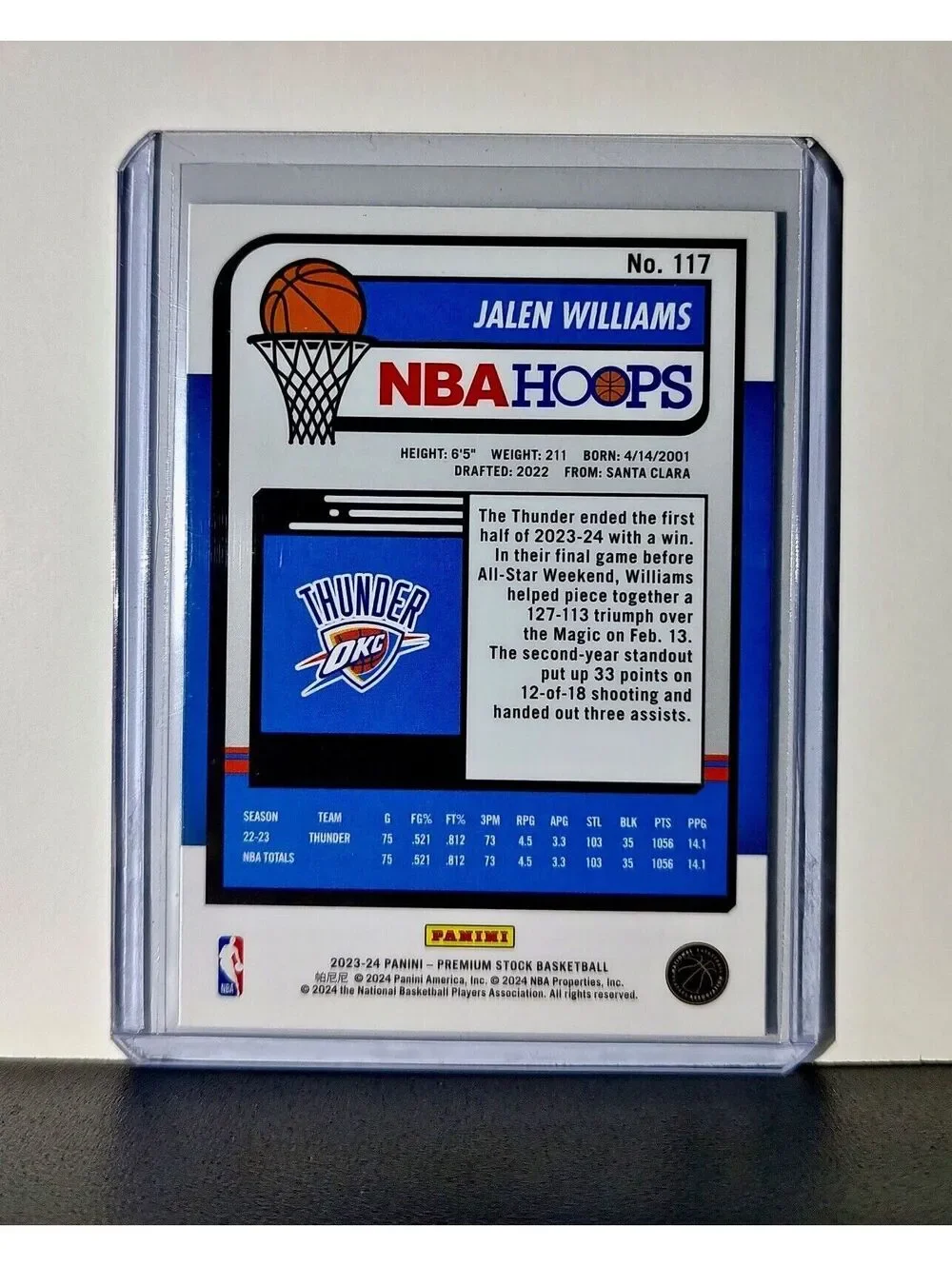 Jalen Williams 2023-24 Panini Premium Stock NBA Hoops #117 Card OC Thunder